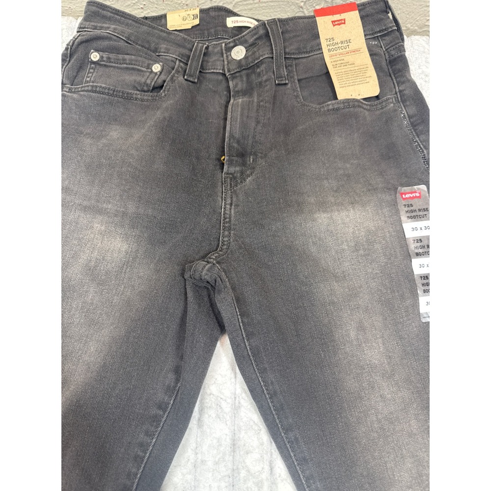 Levis 725 High Rise Bootcut Jeans Womens 30x30 Washed Black Rhinestone Side Seam
